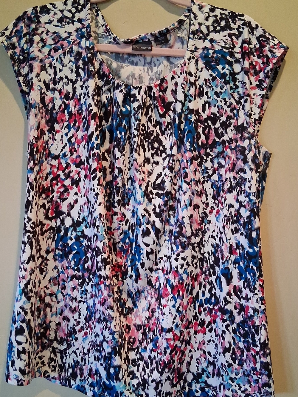 Covington Women's Multicolor Abstract Cap Sleeve Tee - Blue Pink Black